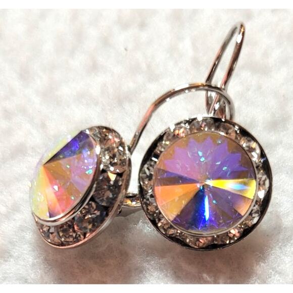 Crystal AB Round Earrings Silvertone Leverback Ear Wires Rainbow Iridescent - Picture 4 of 6